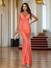V-neck Ruffled Orange Maxi Dress