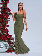 Off Shoulder Green Appliqued Split Dress