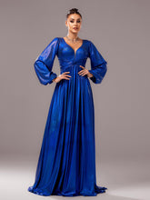 Blue V-neck Long Sleeve A-line Prom Dress