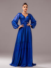 Blue V-neck Long Sleeve A-line Prom Dress