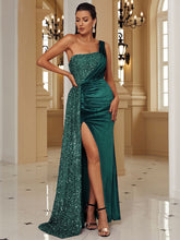 One Shoulder Velvet Split Thigh Prom Dress