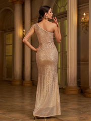 One Shoulder Beaded Sleeve Gradient Sequin Prom Dress
