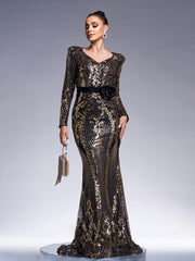 Black Long Sleeve Sequined V-neck Dress