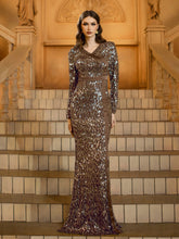 Gold Sequin Long Sleeve Prom Dress