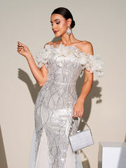 Off Shoulder Appliqued Sequin Mermaid Dress