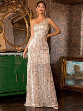 One Shoulder Sequins Maxi Prom Dress
