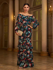 Ruffled Green Printed Casual Chiffon Dress