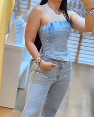 Sparkling Rhinestone Bandeau Denim 2-Piece Set