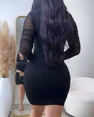 Long Sleeve Ruched Mesh Bodycon Dress