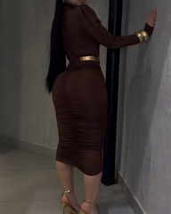 Long-Sleeved V-Neck Ruched Bodycon Dress