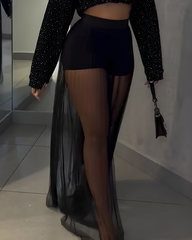 Sheer Mesh Built-In Shorts Long Skirt