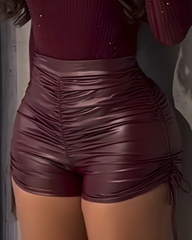 Drawstring High-Waisted Ruched Leather Shorts