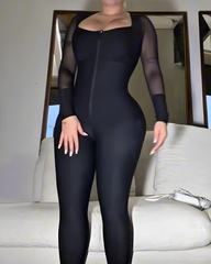 Front Zipper Slim Mesh Long Sleeve Bodycon Jumpsuit