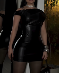 Off-Shoulder Leather Bodycon Dress