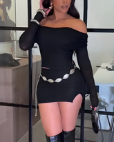 Off-Shoulder Long-Sleeved Slim Fit 2-Piece Set