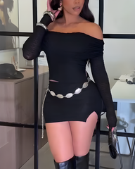 Off-Shoulder Long-Sleeved Slim Fit 2-Piece Set