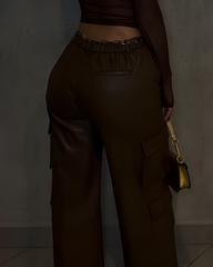 Cargo Style Wed-Leg Leather Pants