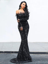 Off Shoulder Feather Sequin Evening Dress