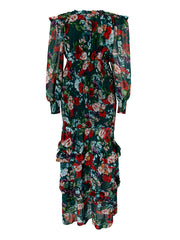 Ruffled Green Printed Casual Chiffon Dress