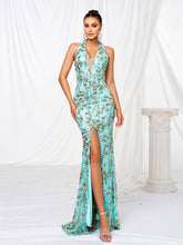 Halter Backless Floral Sequin Prom Dress