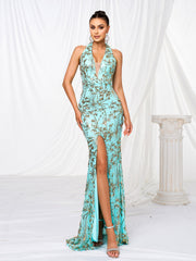 Halter Backless Floral Sequin Prom Dress