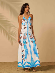 Blue Parrot Halter Backless Vacation Dress
