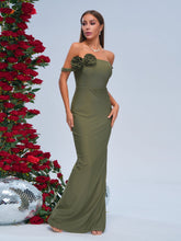 Off Shoulder Green Appliqued Split Dress