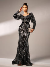 Black Long Sleeve Sequin V-neck Sress