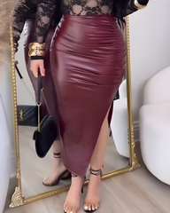 Side-Slit Ruched Leather Slim-Fit Skirt