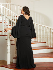 Plus Size V-Neck Backless Split Cape Sleeve Prom Dress