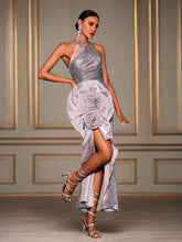 Halter Silver Appliqued Split Mermaid Dress