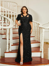 Plus Size Cutout Sequin Short Sleeve Prom Dress