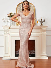 V Neck Cap Sleeve Sequin Floor Length Gold Evening Dress