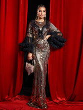 Flared Sleeve Sequin Panel Formal Dress