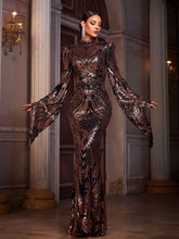 Elegant Turtleneck Padded Shoulder Trumpet Sleeve Sequin Evening Dress