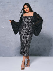 Plus Panel Sleeve Sequin Midi Dress