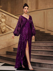 Purple Sequin Loose V-neck Prom Dress