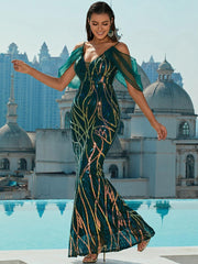 Cold Shoulder Sequin Graphic Prom Dress