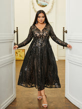 Plus V-neck Long Sleeve Sequin Dress