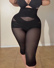 High Waist Lace Trim Sheer Mesh Shaper Pants