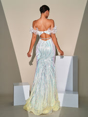 Off Shoulder Gradient Sequin Evening Dress