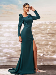 Dark Green Long Sleeve Mermaid Split Dress