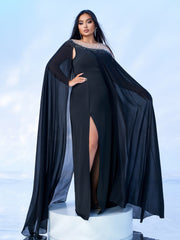 Plus Cape Sleeve Chiffon Split Dress