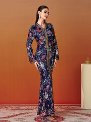 V-neck Floral Sequin Split Formal Dress