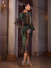 Plunging V-Neck Long Sleeve Sequin Bodycon Midi Dress