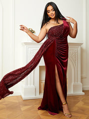Plus Size One Shoulder Draped Sequin Burgundy Prom Dress