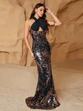 Halter Cutout Panel Sequin Black Prom Dress