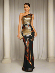 One Shoulder Floral Sequin Prom Dress