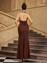 Brown Halter Sexy Mermaid Prom Dress ST59027