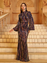 Long Sleeve Blue Maxi Sequin Formal Dress